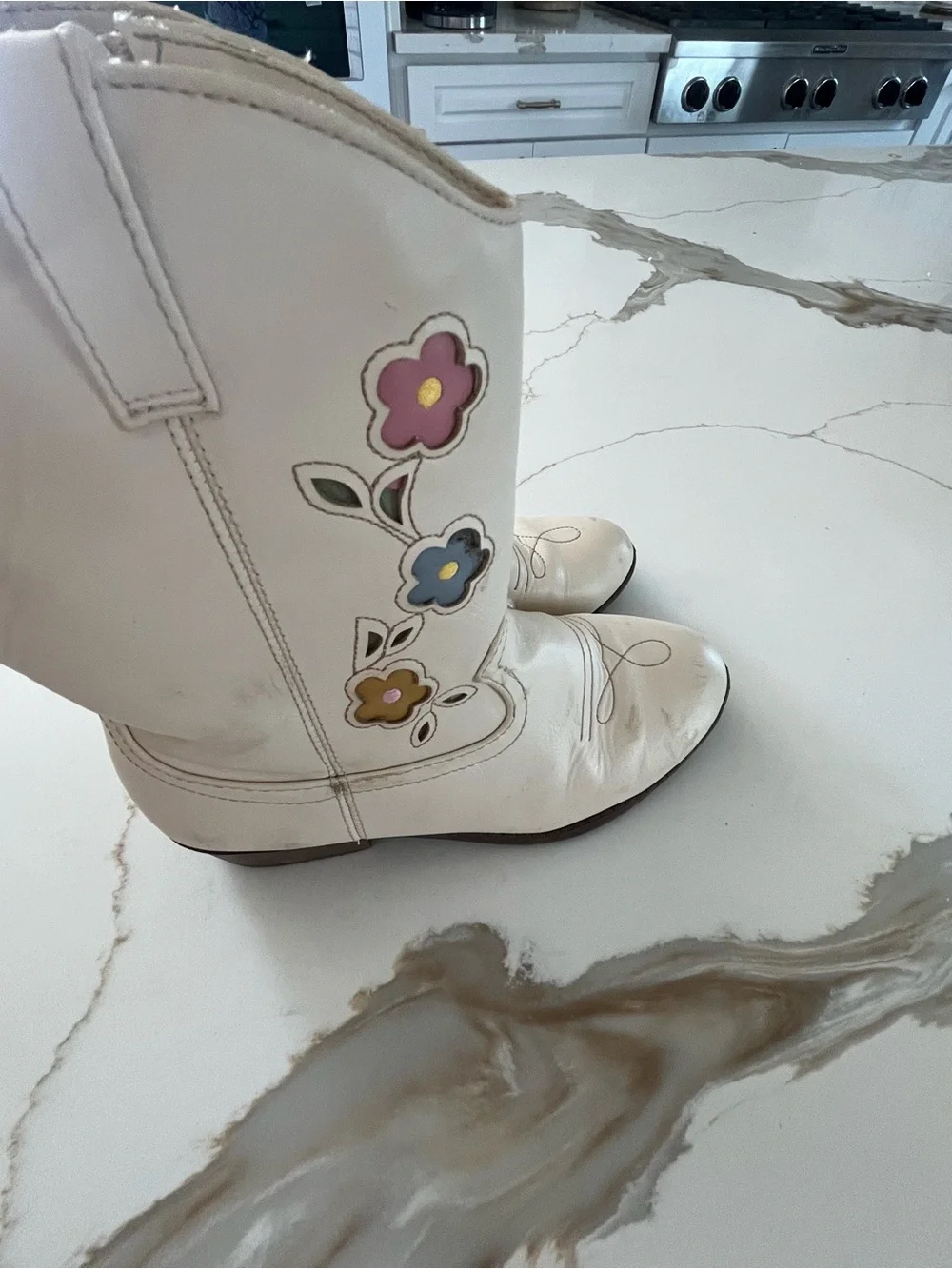Gymboree Cream Kids Western Boots with Pink, Blue & Yellow Flower Appliqués